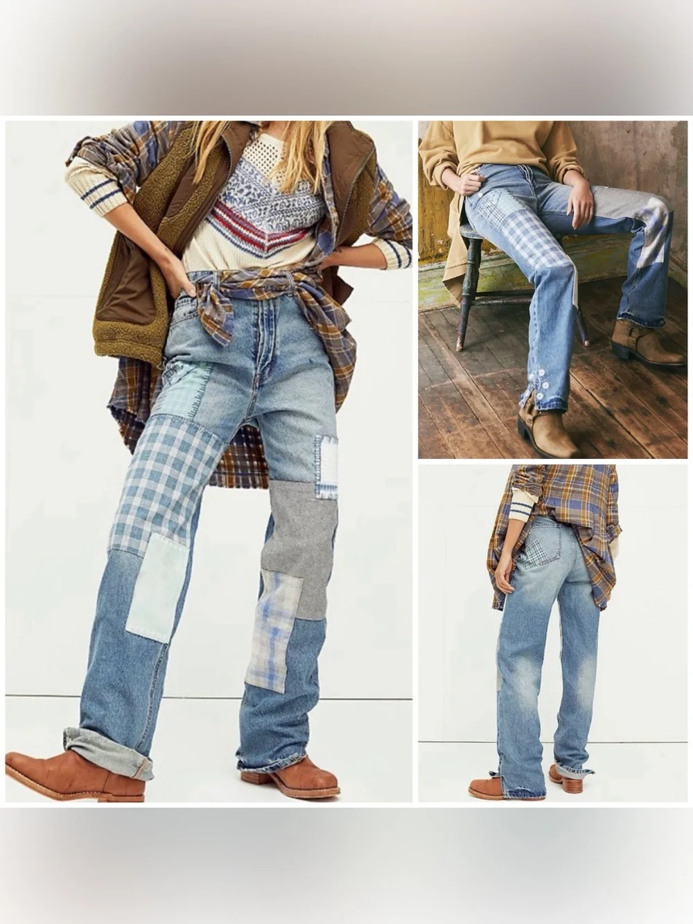 NWOT Free People Steinbeck Patched Straight Leg Jeans - Yukon Valley blue - 27